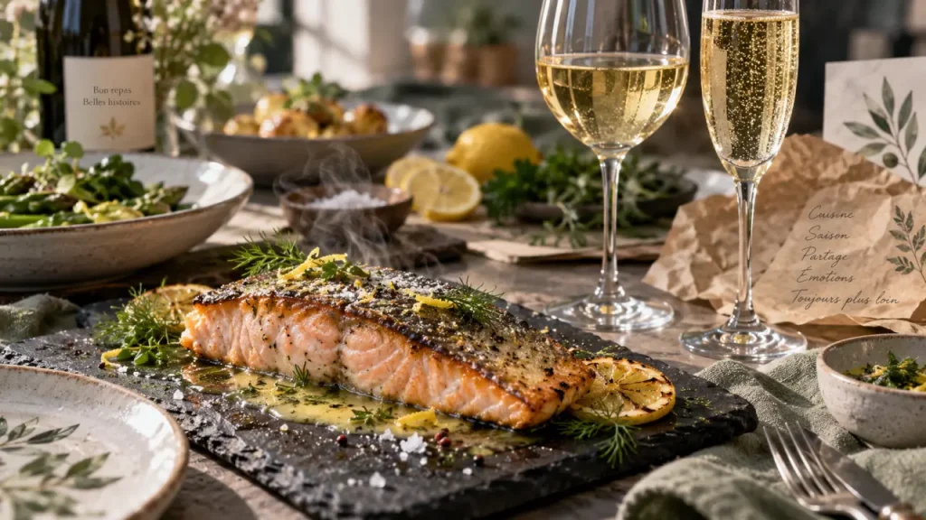 Quel vin avec saumon : saumon poêlé et verres de blanc sec et champagne brut