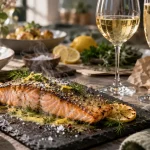 Quel vin avec saumon : saumon poêlé et verres de blanc sec et champagne brut