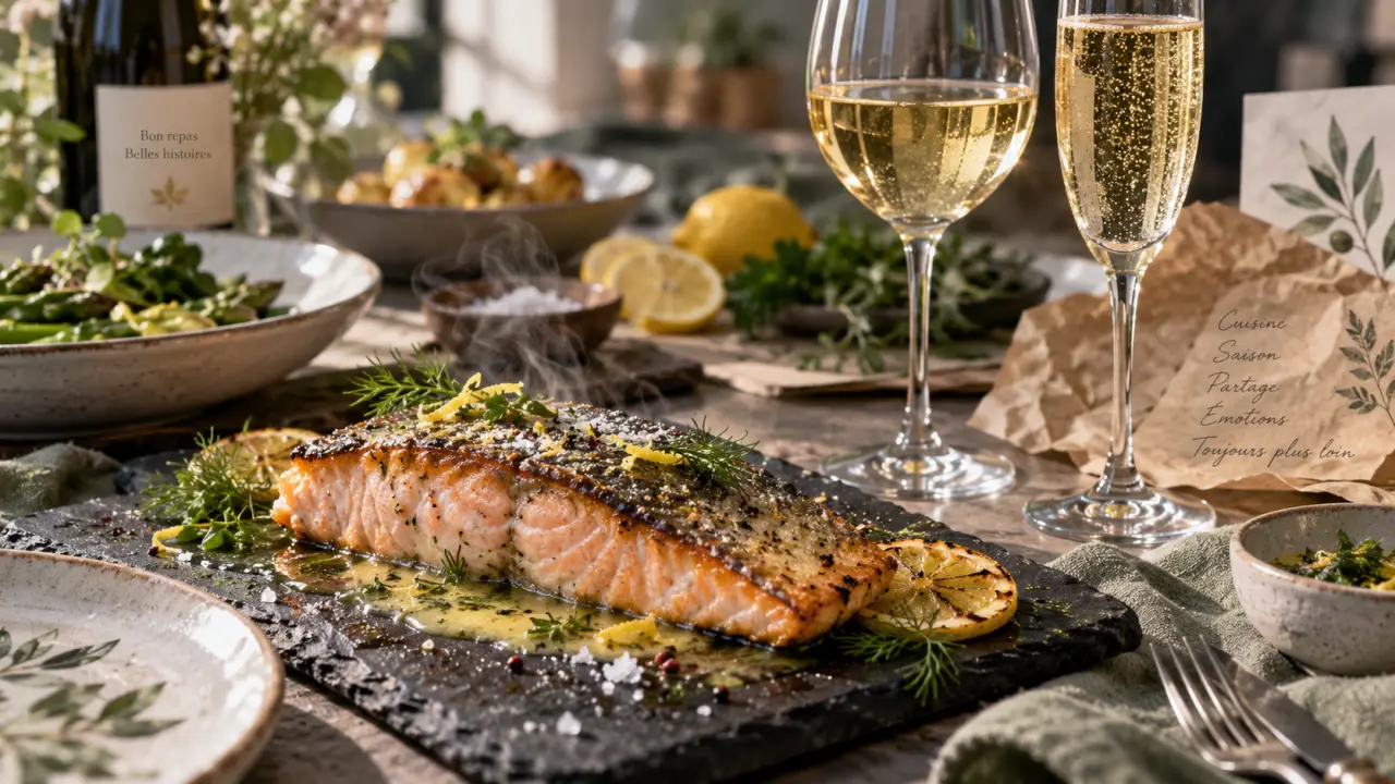 Quel vin avec saumon : saumon poêlé et verres de blanc sec et champagne brut
