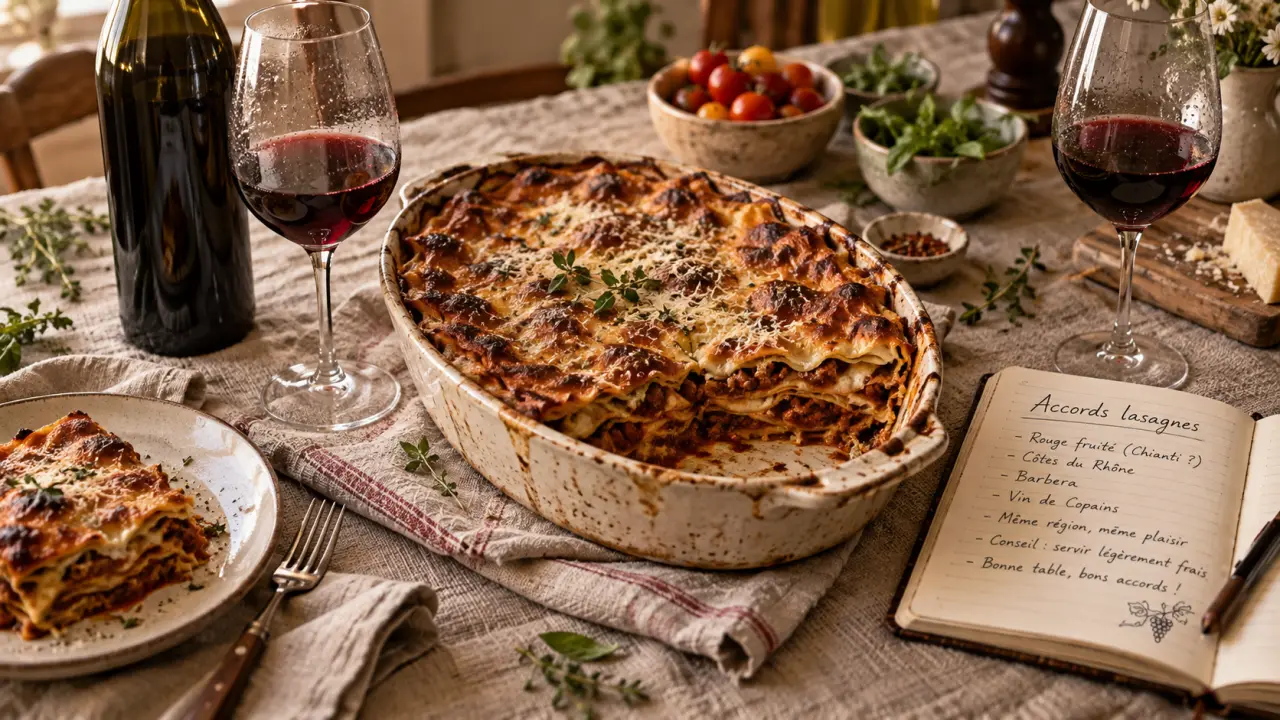 Vin avec lasagnes : lasagnes et bouteille de rouge frais ou blanc rond