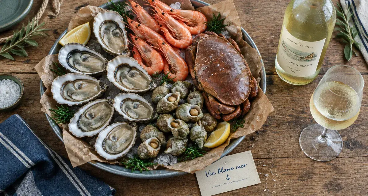 Vin blanc fruit de mer avec huîtres et crevettes, verre et bouteille sur plateau