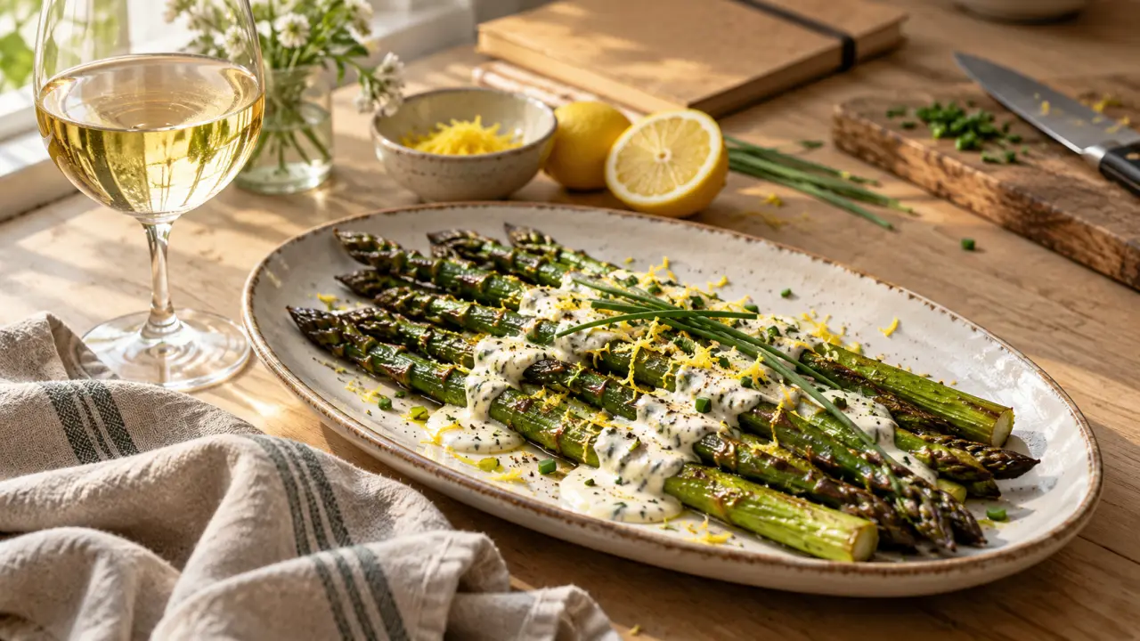 Vin et asperges vertes rôties, sauce yaourt citron