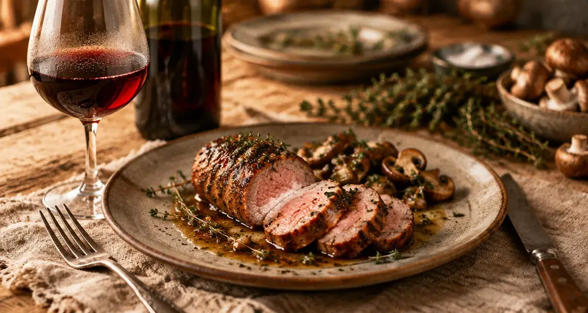 Vin filet mignon avec rouge tannique et filet mignon poêlé, sauce aux herbes.