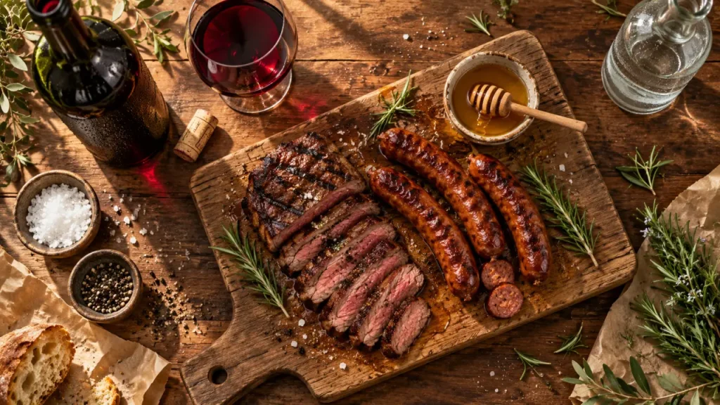 Vin rouge pour barbecue avec bœuf grillé, romarin et vin rouge rubis