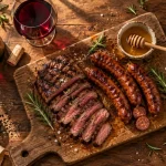 Vin rouge pour barbecue avec bœuf grillé, romarin et vin rouge rubis