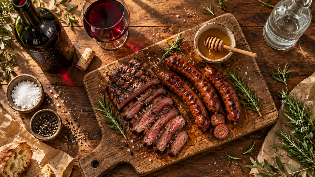 Vin rouge pour barbecue avec bœuf grillé, romarin et vin rouge rubis