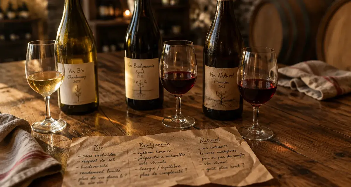 Vins des As : vins bio, biodynamiques et naturels, bouteilles et verres en cave